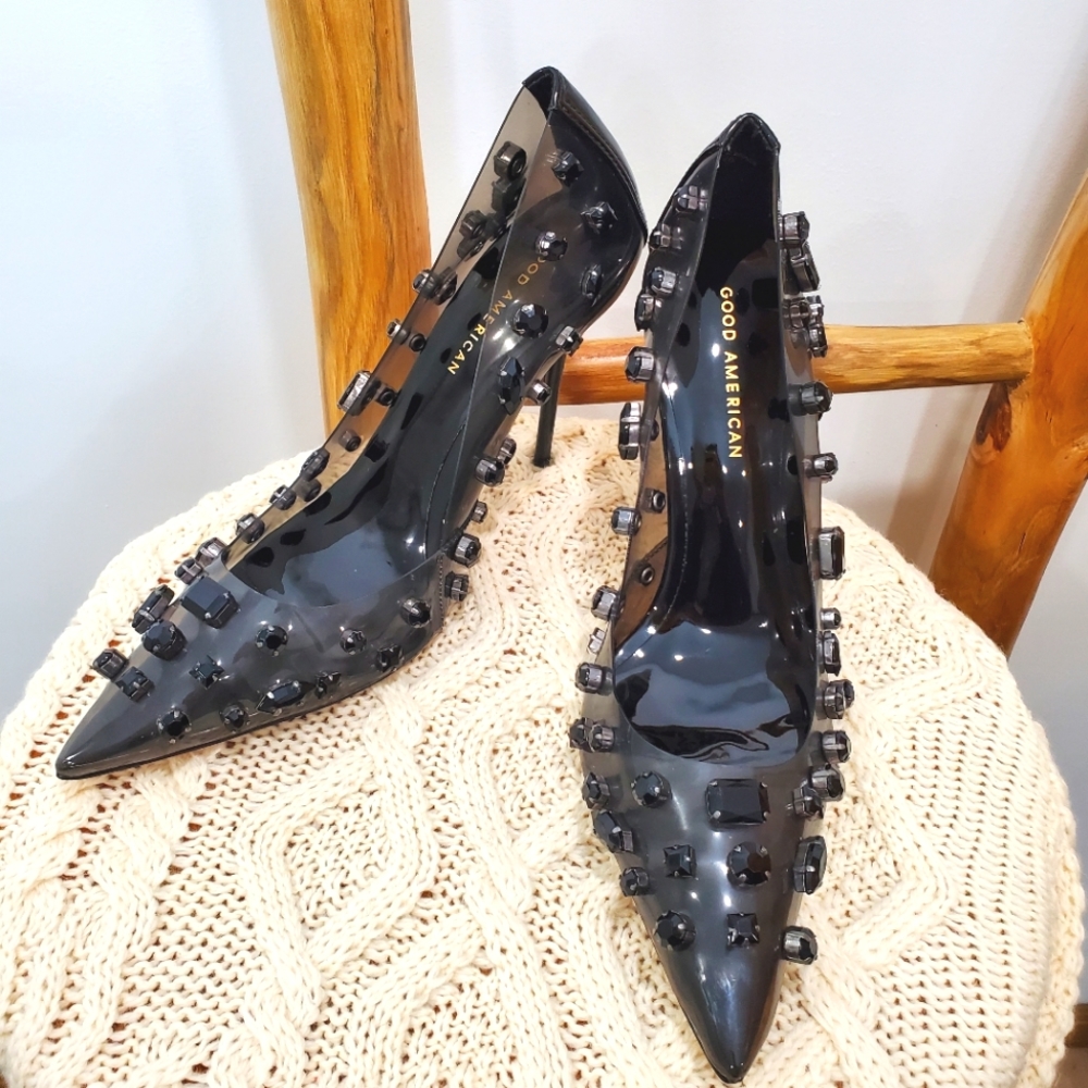 Good American Emma Pointed Toe Black Lucite Jeweled Stiletto Heel
